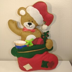 Prima Creations Christmas Stocking Bear Head Brown Plush Red Green Velour 20”.